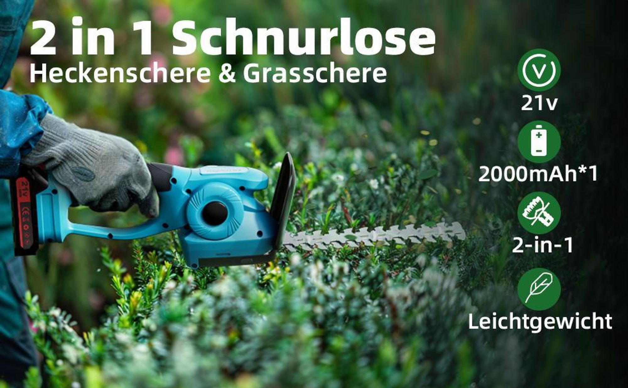 Akku Heckenschere mit drehbarem Griff, 220mm & 130mm Klingen, inkl. 2000mAh Akkus & Ladegerät, Grasschere für präzise Formschnitte im Garten