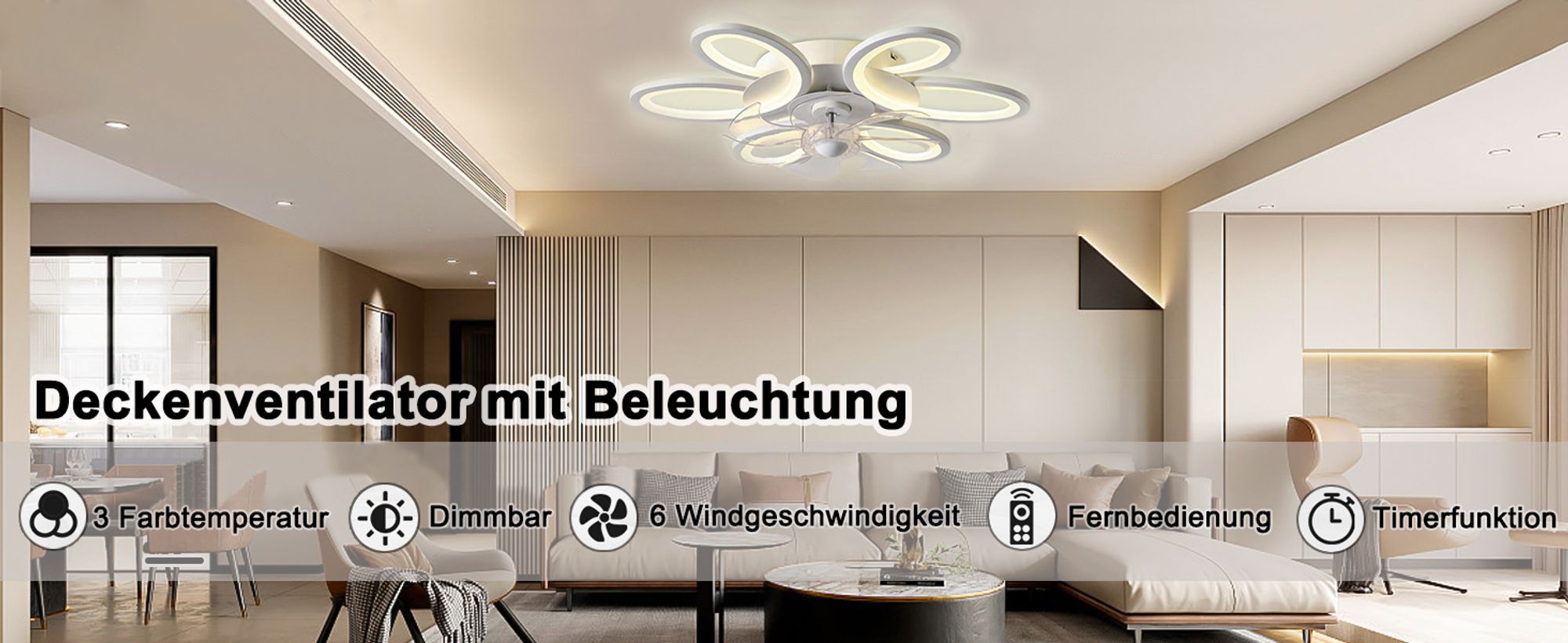 Smart Deckenventilator mit Beleuchtung und Fernbedienung Ø65cm Dimmbar 3000-6000K Deckenleuchte mit Ventilator 6 Windgeschwindigkeiten