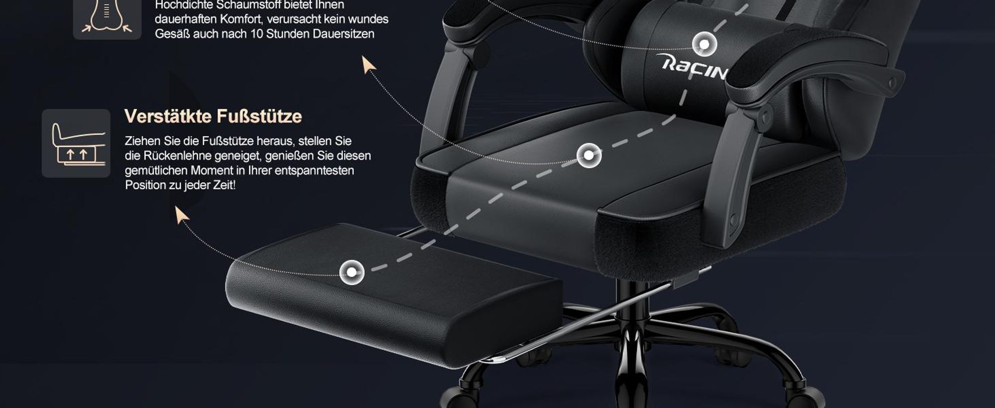 Hiazurm Gaming Stuhl,Bürostuhl Ergonomischer Gaming Sessel mit Lendenwirbelstütze Fußstütze, gepolstert,Kopfkissen Gaming Stuhl, 150kg Gaming Chair