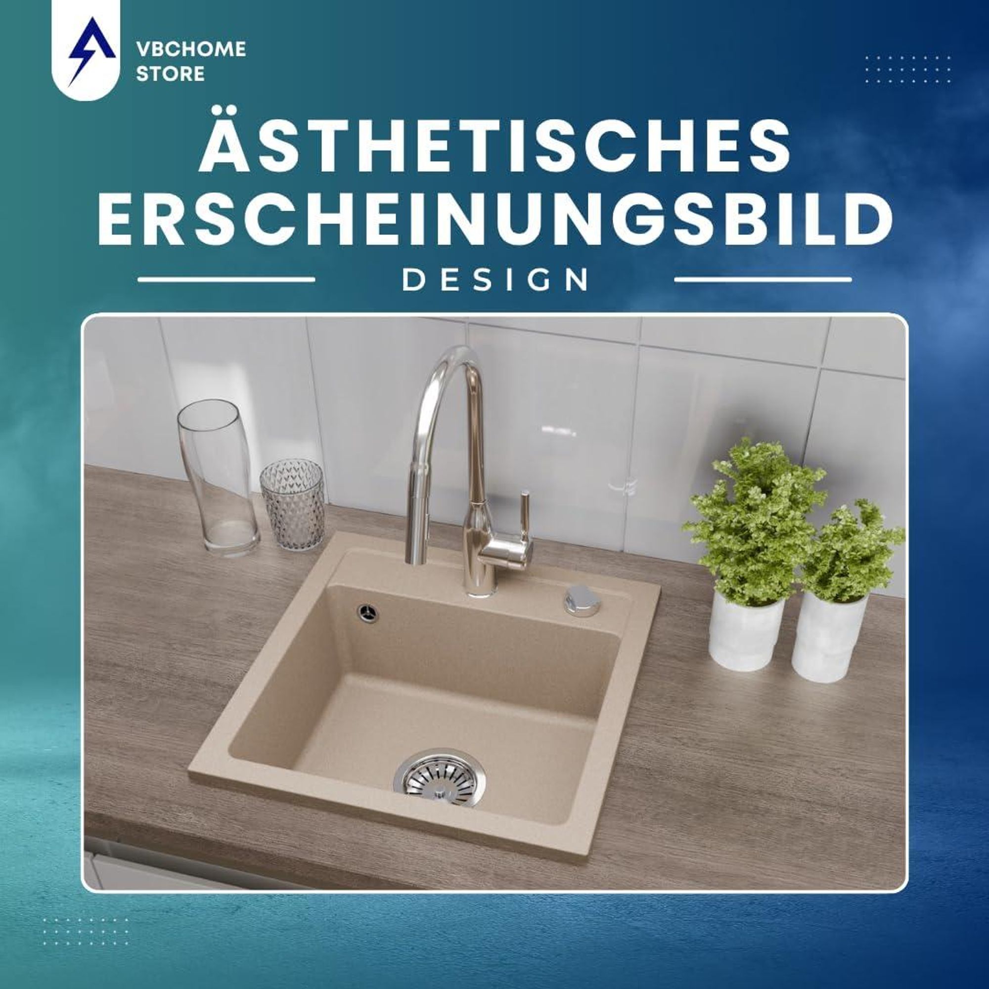 VBChome Granitspüle 44 x 44 cm Beige mit flexibler Armatur Einzelbecken Einbauspüle Gesprenkelt Pflegeleichtes Spülbecken mit Siphon