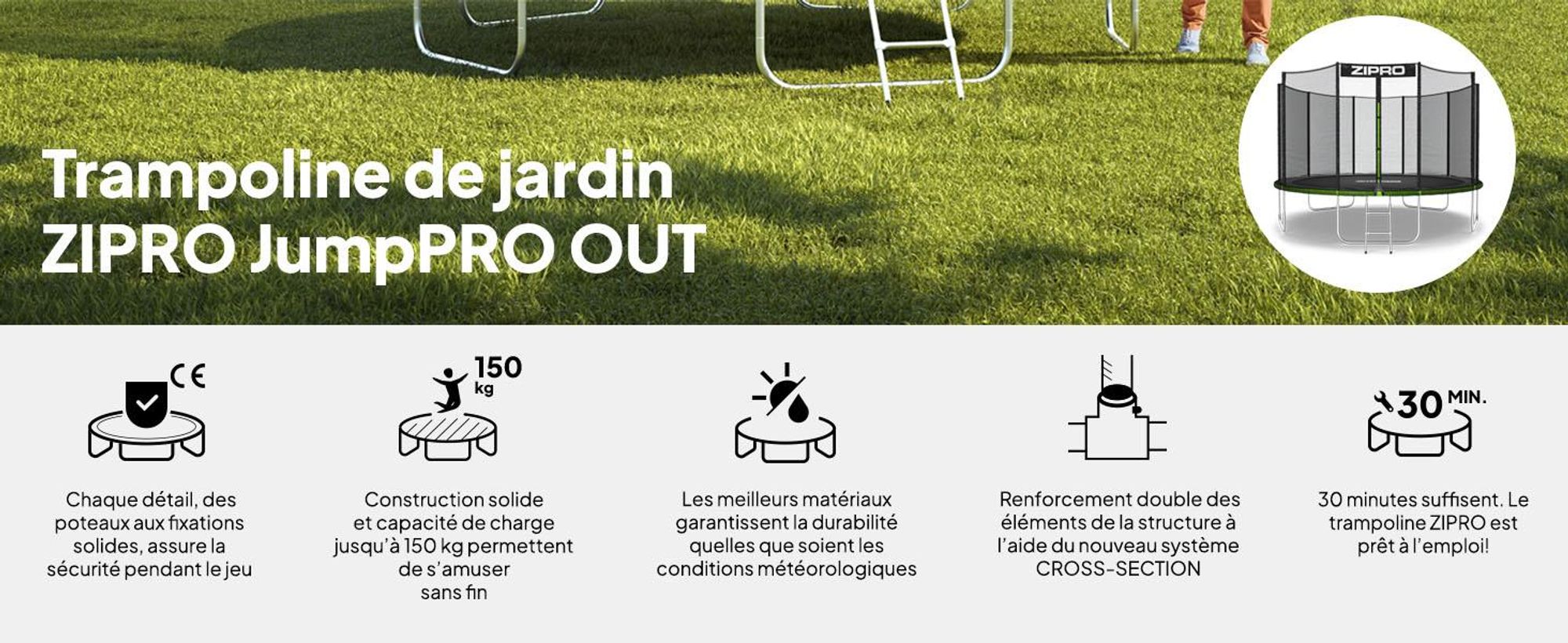 Trampoline ZIPRO Jump Pro Out | 12FT Ø 374 cm | Trampoline de jardin Trampoline pour enfants Kit complet avec filet extérieur, échelle et housse de protection, pour l'extérieur, vert