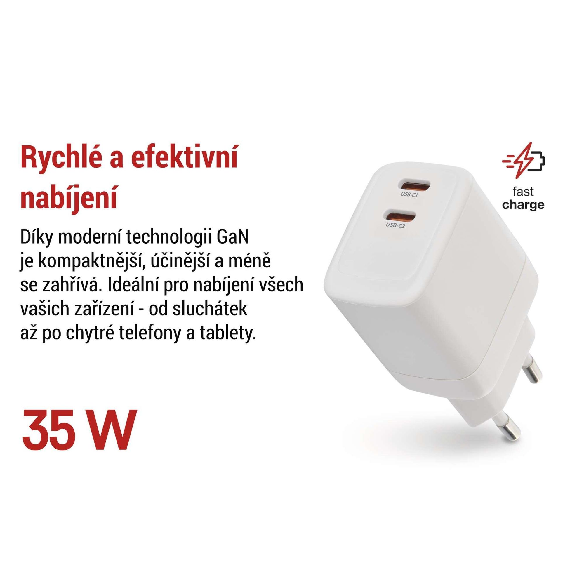 EMOS USB-C nabíječka PD 35W, duální USB zdroj s technologií GaN, PowerDelivery pro smartphone, iPhone, tablety, 5-20 V, 3 A, bílá, V03G35