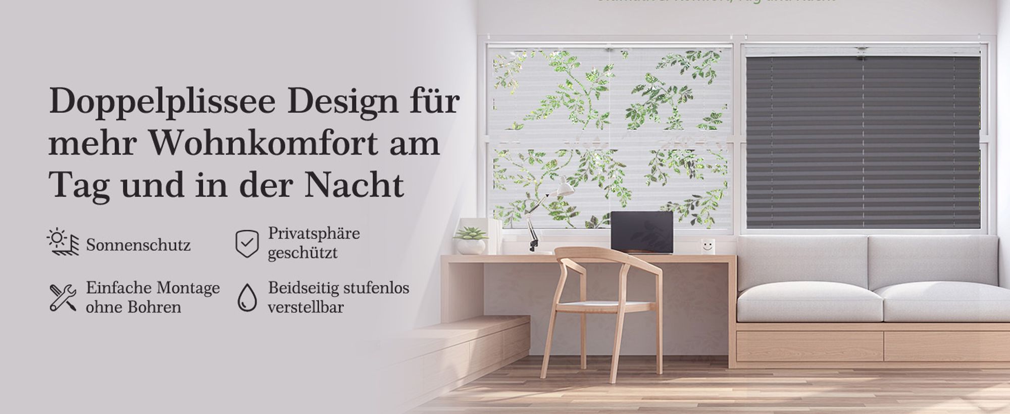 Sekey Plissee Ohne Bohren 90×120 cm Plisseerollo Klemmfix Doppelplissee Day+Night 100% Verdunkelung mit Lichtdurchlässig Ausbrenner-Muster Faltrollo
