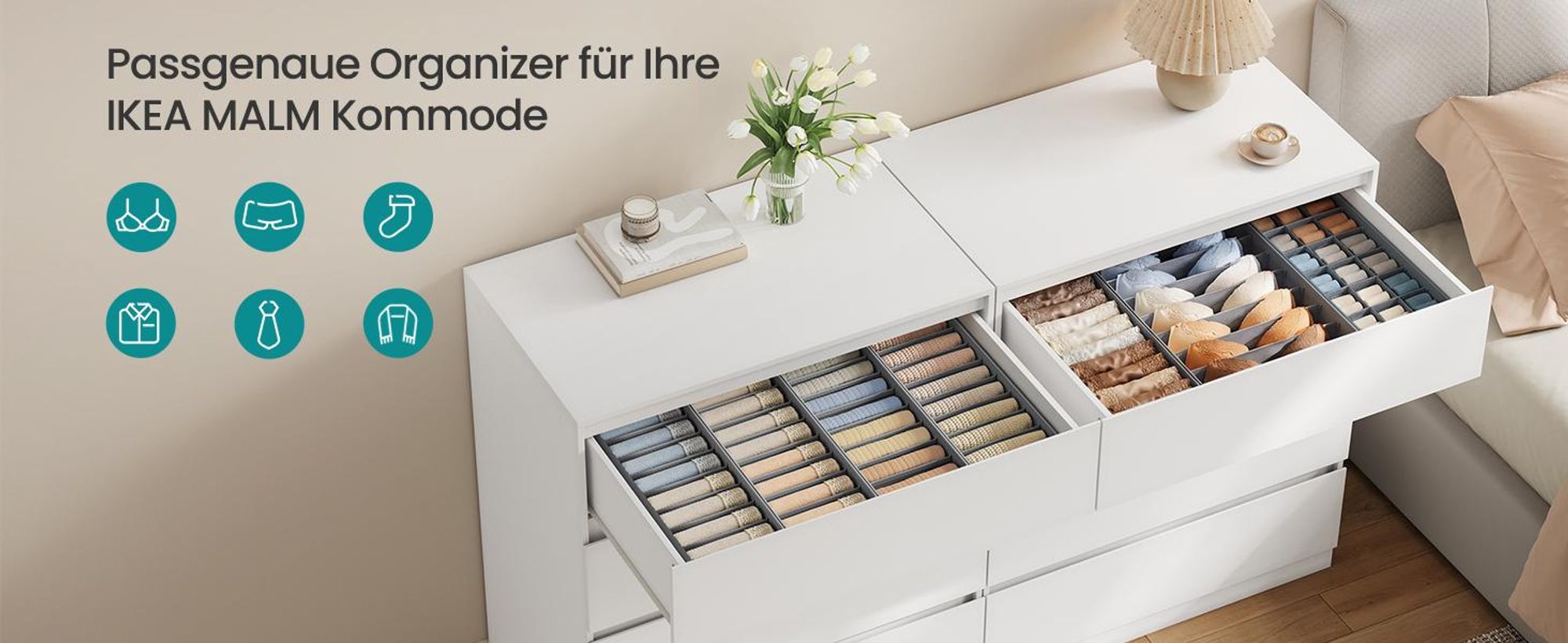 SONGMICS Schubladen-Organizer 4er Set, Unterwäsche-Organizer für IKEA HEMNES und MALM Kommoden, faltbar, Grau