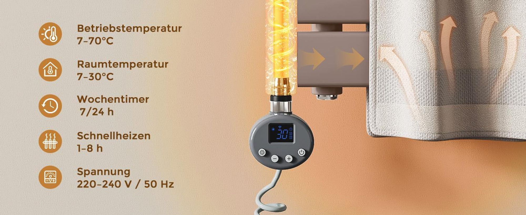 S’AFIELINA Heizstab mit Thermostat 1200W, programmierbarer Timer & LCD-Anzeige, WiFi, für Badheizkörper, Edelstahl, intelligente Steuerung, Anthrazit