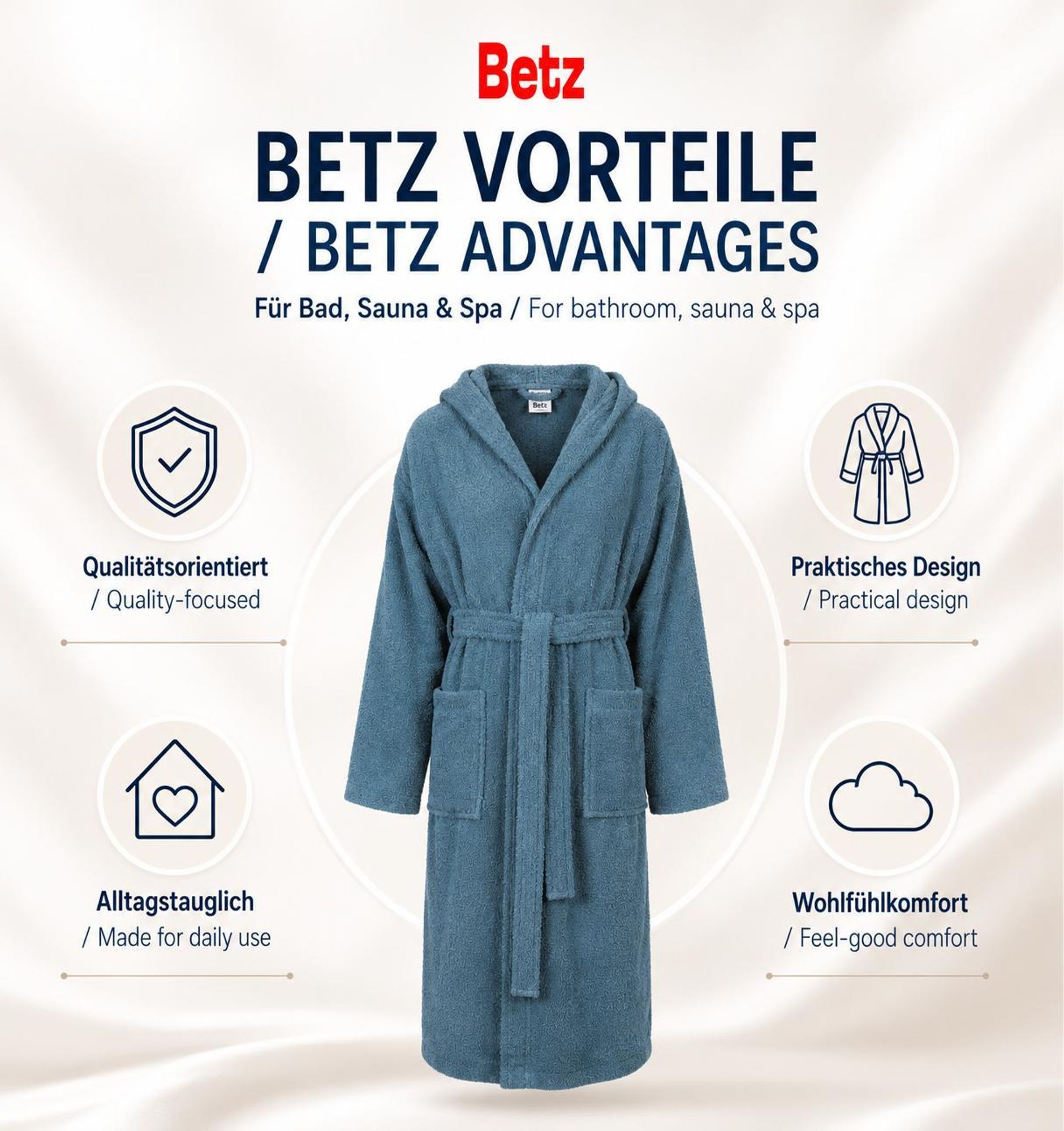 Betz Bademantel Frottee mit Kapuze für Herren und Damen Berlin 100% Baumwolle Saunabademantel - langer Bademantel - Saunamantel Größe - S/M - taubenblau