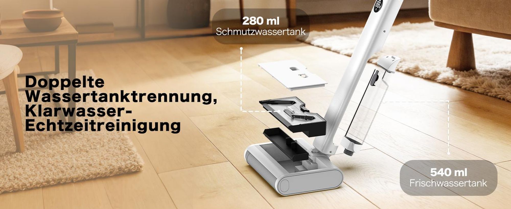 AIRROBO FC10 Elektrischer Wischmopp, Kabelloser Elektro-Mopp Selbstreinigender, 540ml Wassertank, 45 Minuten, für Hartböden, Tierhaare