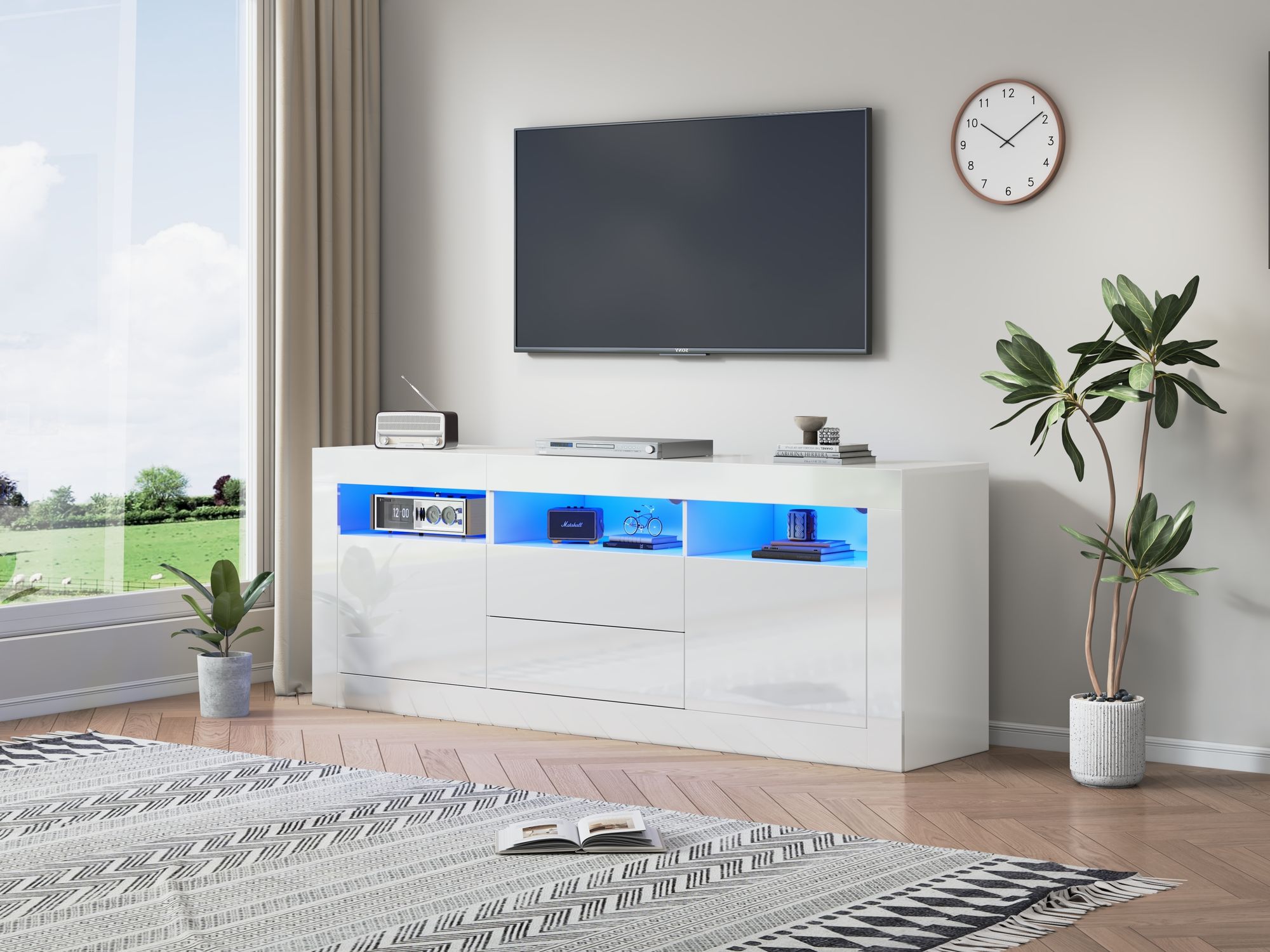 Merax TV-Schrank mit Hochglanzfronten und LED-Beleuchtung, TV-Lowboard mit 3 offenen Fächern und 2 Schubladen, Smart App Steuerung, 160cm Breit, Weiß