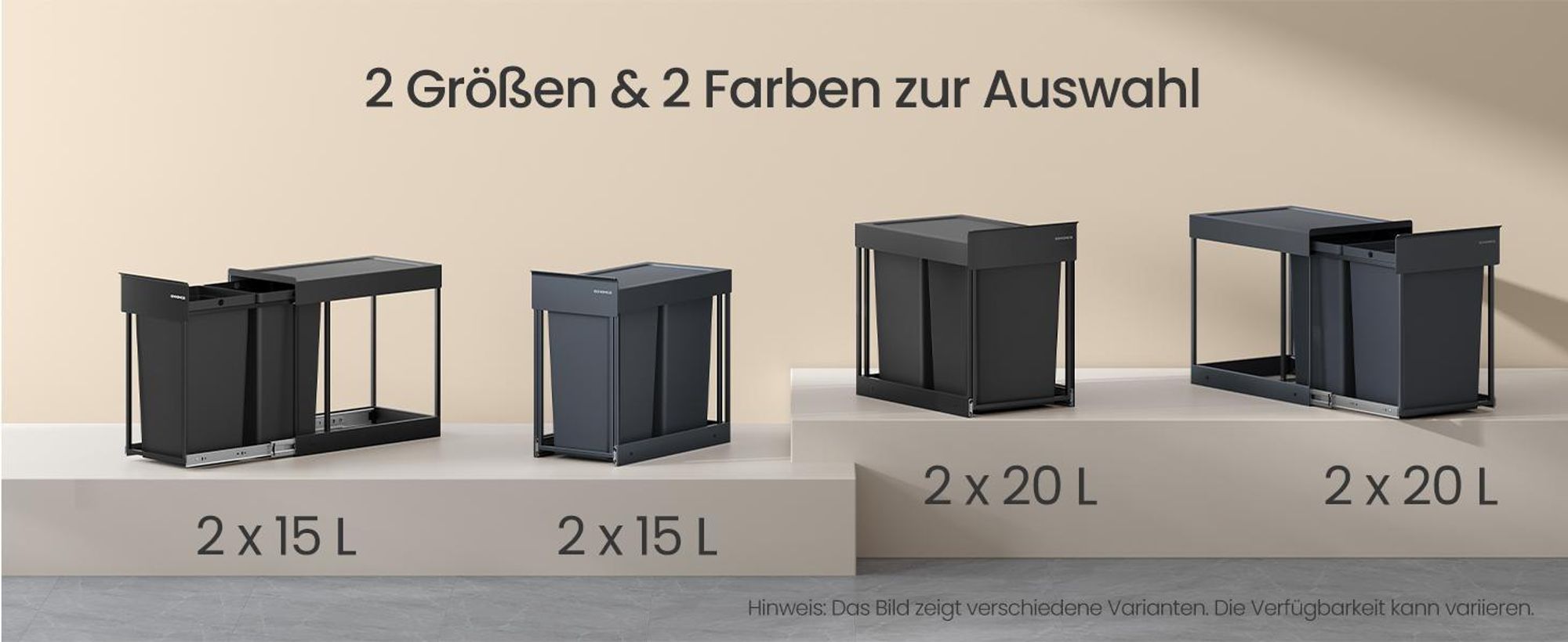 SONGMICS Mülleimer küche, Mülltrennsystem für Unterschrank, 2 x 15 L, Abfalleimer 2 Fächer, ausziehbar, Stahlrahmen, ABS-Deckel, grau