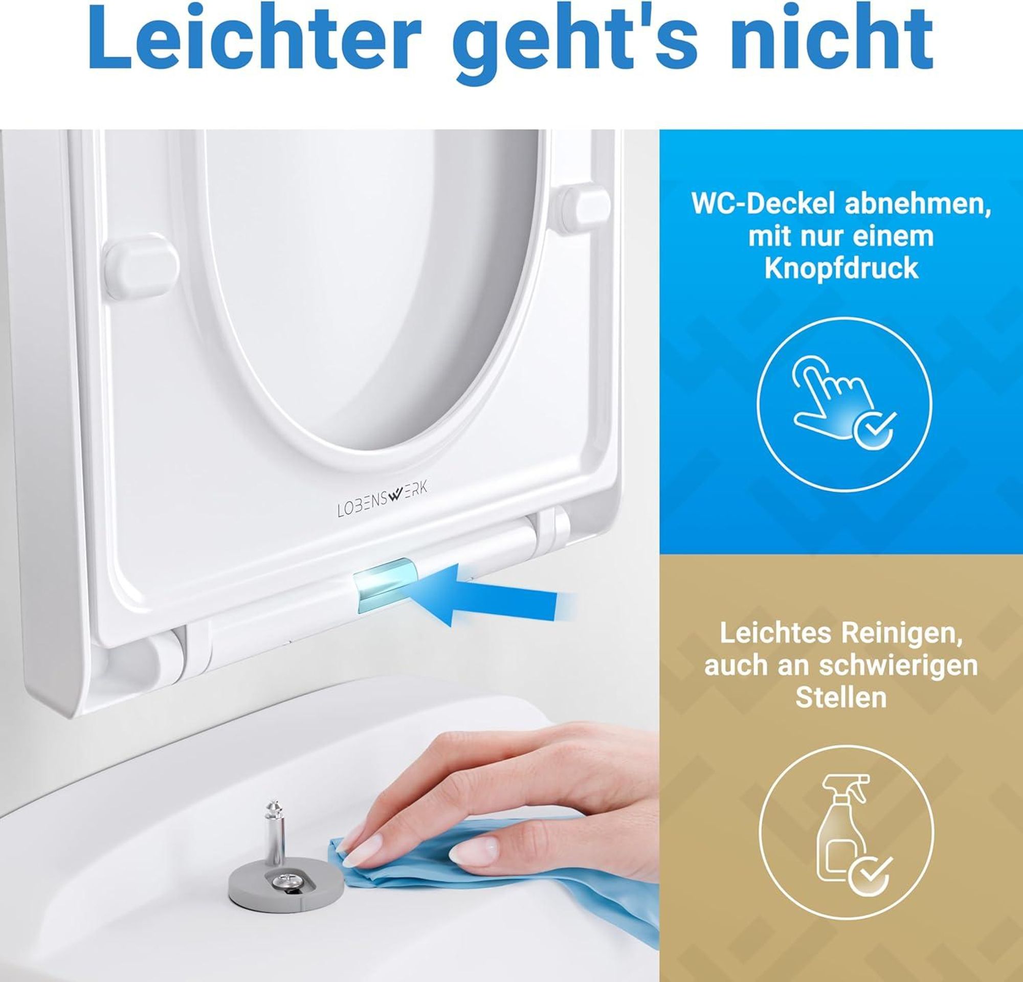 LOBENSWERK Toilettendeckel D Form [KURZ] einfache Montage | Klodeckel mit Absenkautomatik | Toilettendeckel, Klobrille, Toilettensitz antibakteriell