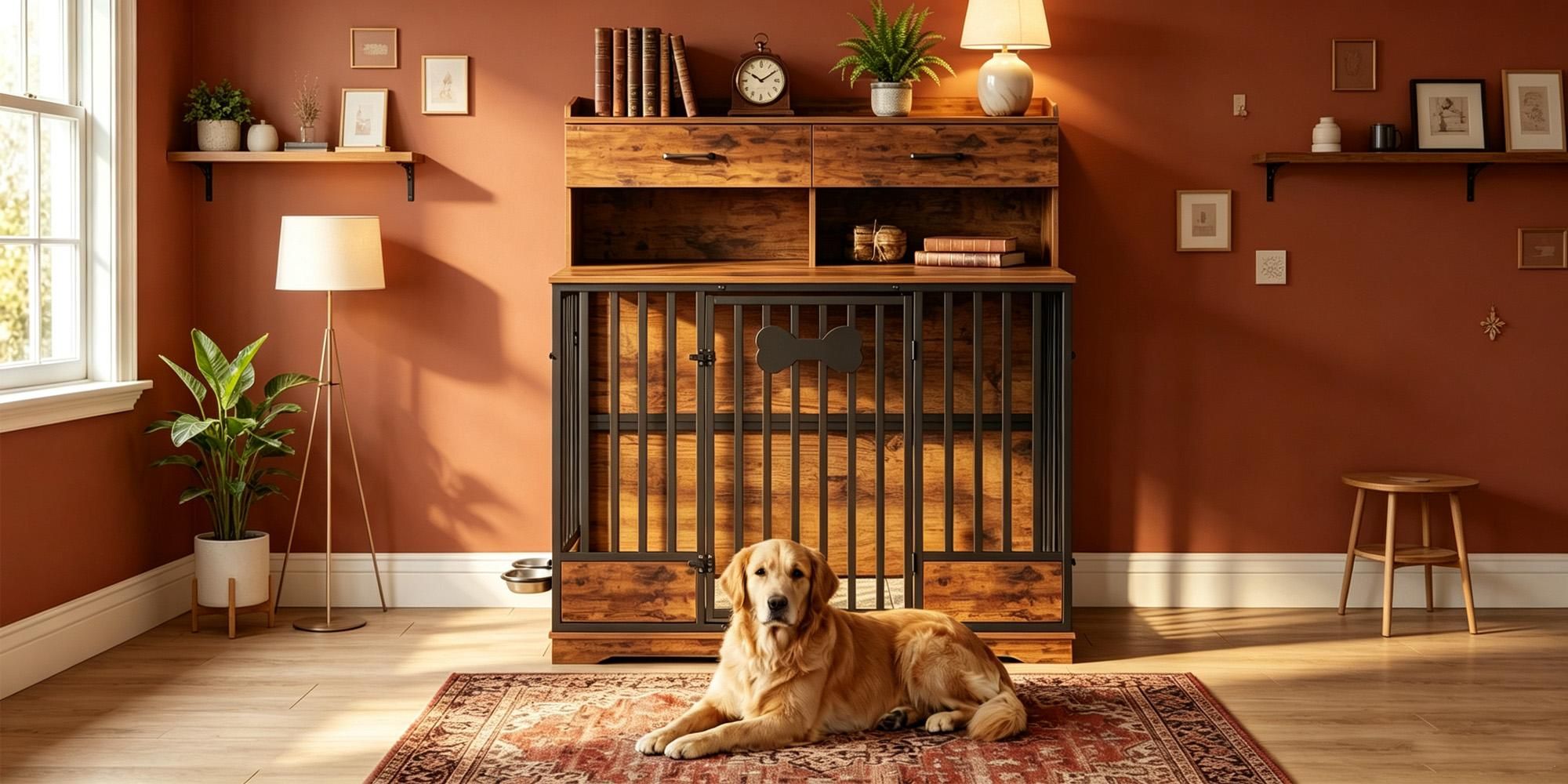 Hundekäfig Möbel, 120 cm Aufbewahrungskäfig Hundebox, Vintagebraun | mit Drehbaren Futternäpfen, 2 Schubladen & Kissen, XXL Hundekäfig für Mittlere