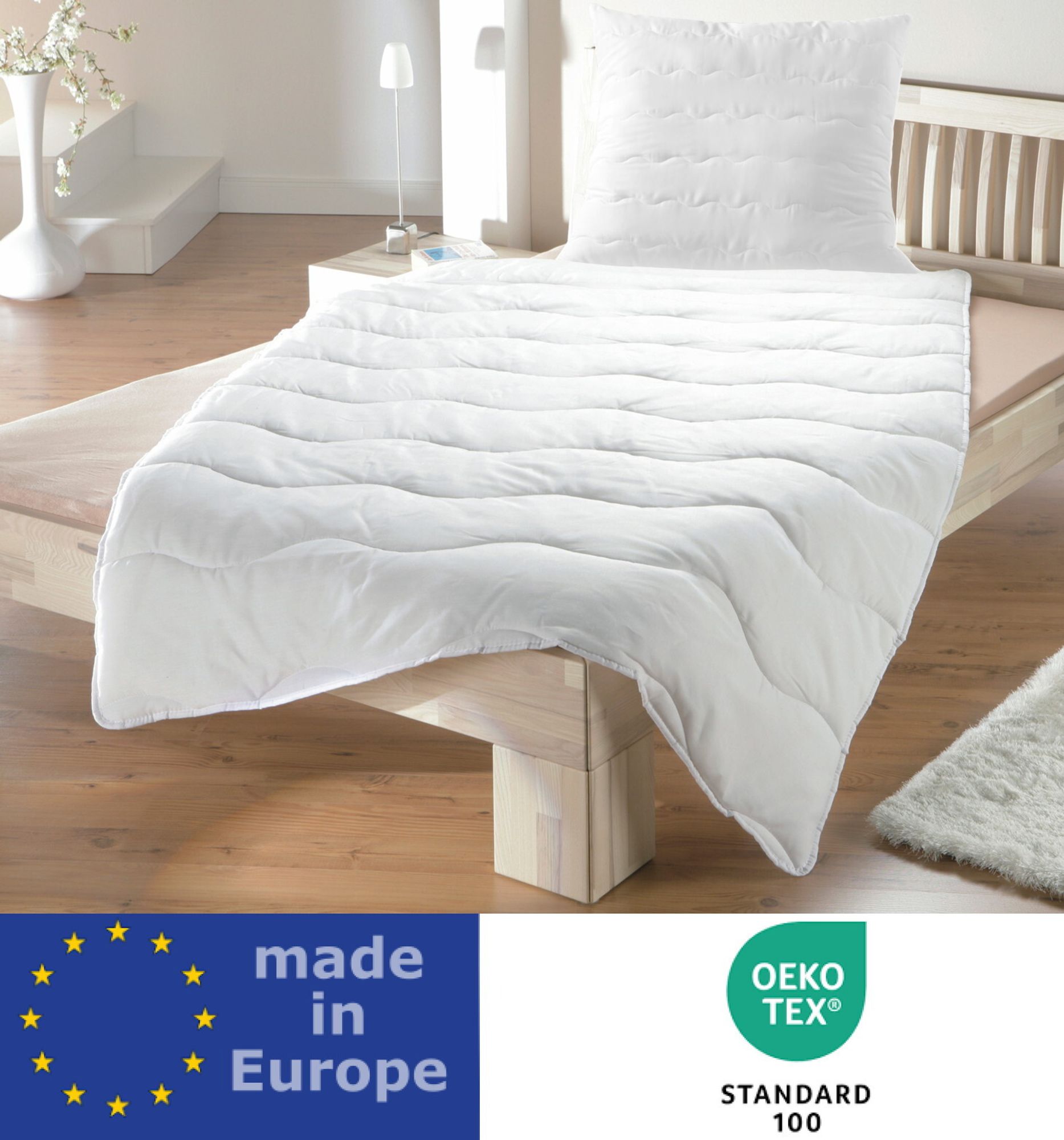Bettenset Premium Steppbett Bettdecke Doppelset 2x 135x200 & High Class Comfort Kopfkissen gesteppt mit Wellensteppung 2x 80x80 cm EU 4 teilig