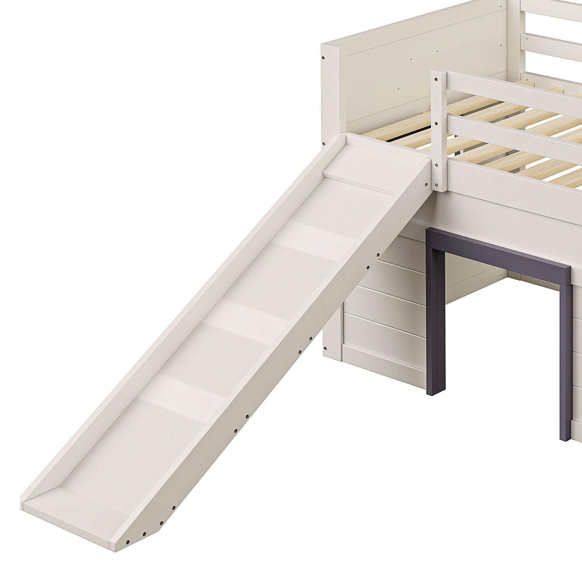 Merax Etagenbett 90x200 mit Rutsche, Kinderbett mit 3 Schubladen & 2 Hohl Türen, Jugendbett aus Holz, niedriges Stockbett, Creme