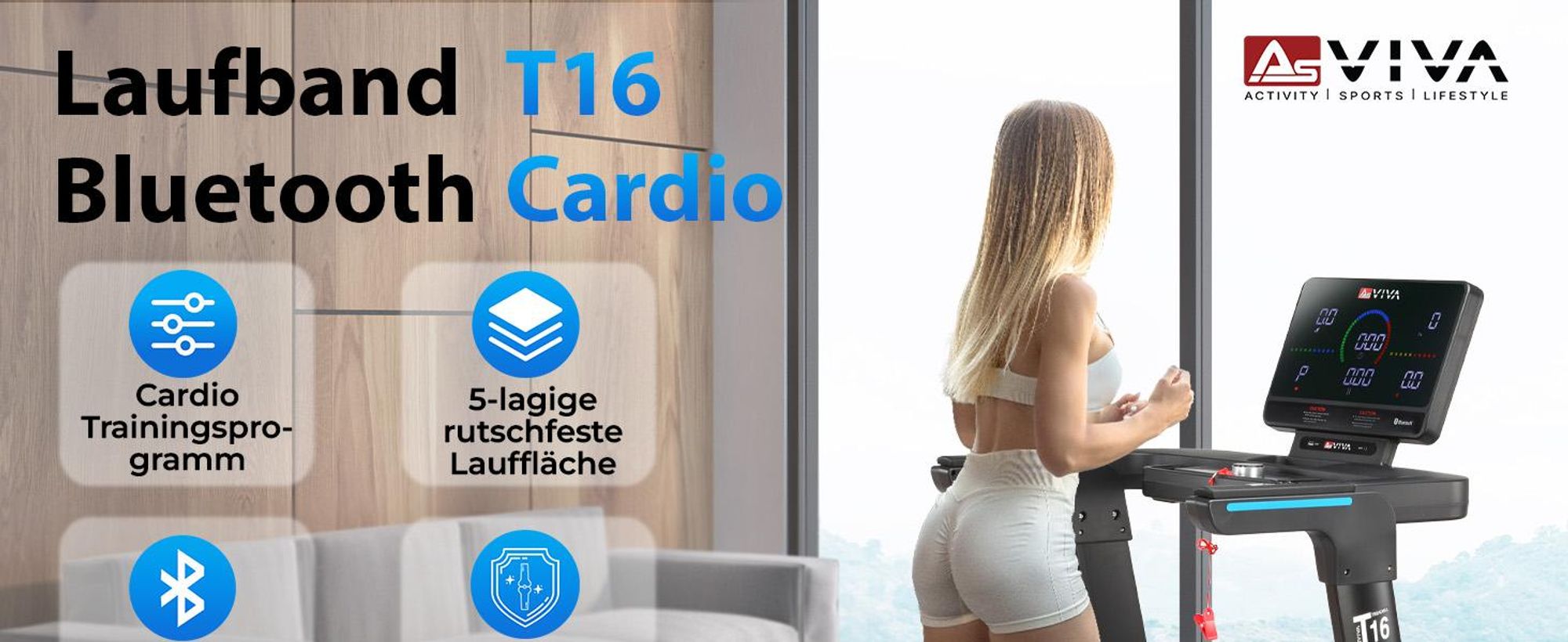 Laufband klappbar AsVIVA T16 Heimtrainer mit Bluetooth bis 18 km/h 18% Steigung bis 150kg für Zuhause