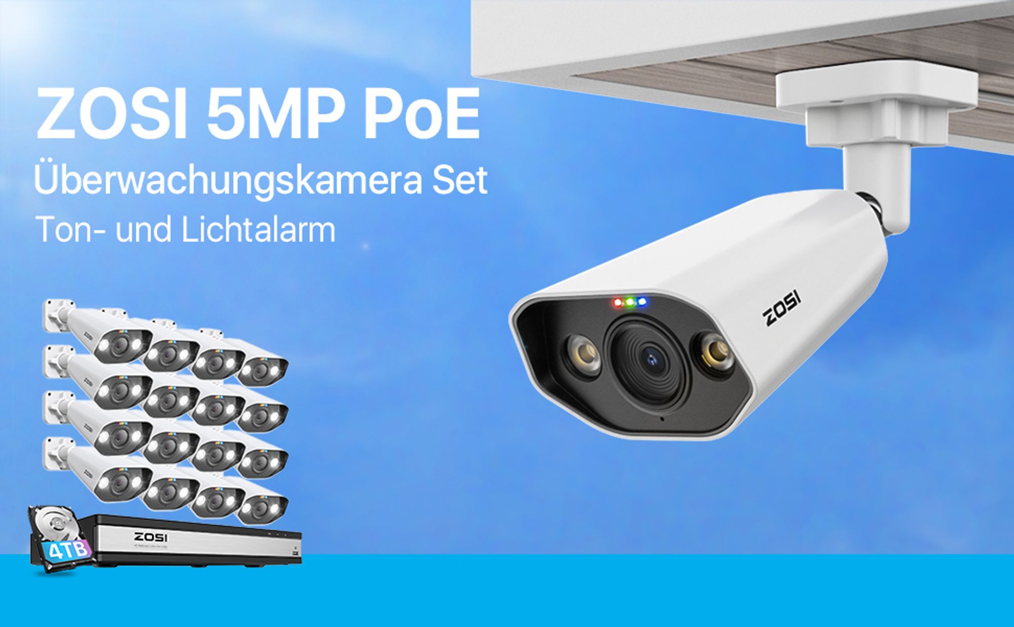 ZOSI 5MP Überwachungskamera Set, 16CH 4K 4TB PoE NVR und 16X 5MP PoE IP Kamera für Personenerkennung, Farbnachtsicht