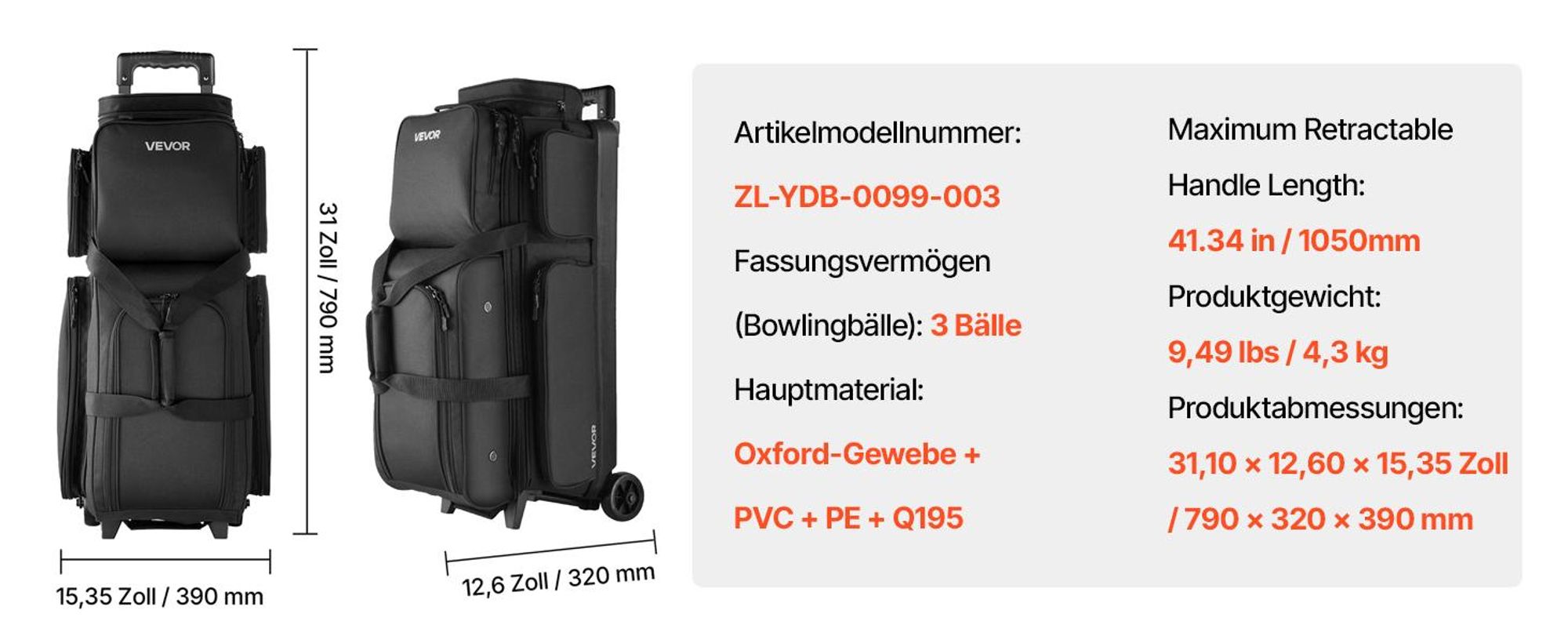 VEVOR Bowlingballtasche, 2-Ball-Doppelroller-Bowlingtasche mit Rädern, mit einem separaten Fach für Schuhe (bis US-Größe 16) und übergroßer Zubehörtasche, ausziehbarer Griff bis 1050 mm, Schwarz-3 Bälle
