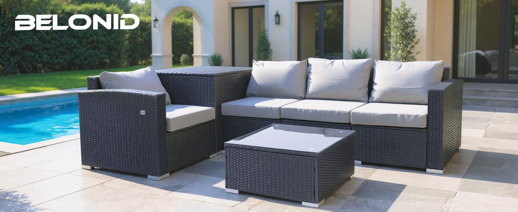 HOMAVO Gartenlounge Set 4-Personen, Inklusive Beistelltisch und Auflagenbox, mit Wasserdichte Schutzhülle, Für Garten, Balkon, Terrasse