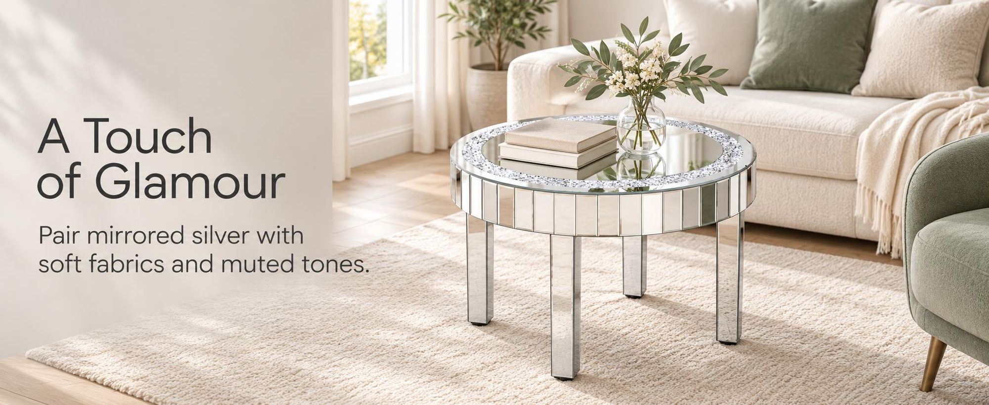 WISFOR Couchtisch verspiegelt, Beistelltisch rund mit Diamantoptik, Silber, Ø60 x H50 cm