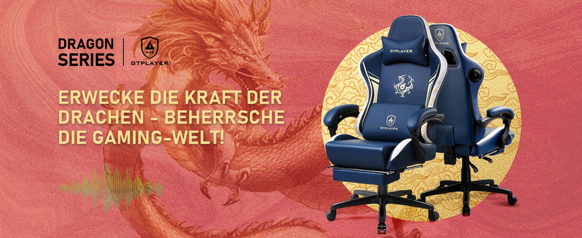 GTPLAYER Gaming Stuhl Gamer Stuhl mit Bluetooth-Lautsprechern und Fußstütze, Dragon Series Bürostuhl, Ergonomischer Drehsessel, Computerstuhl blau