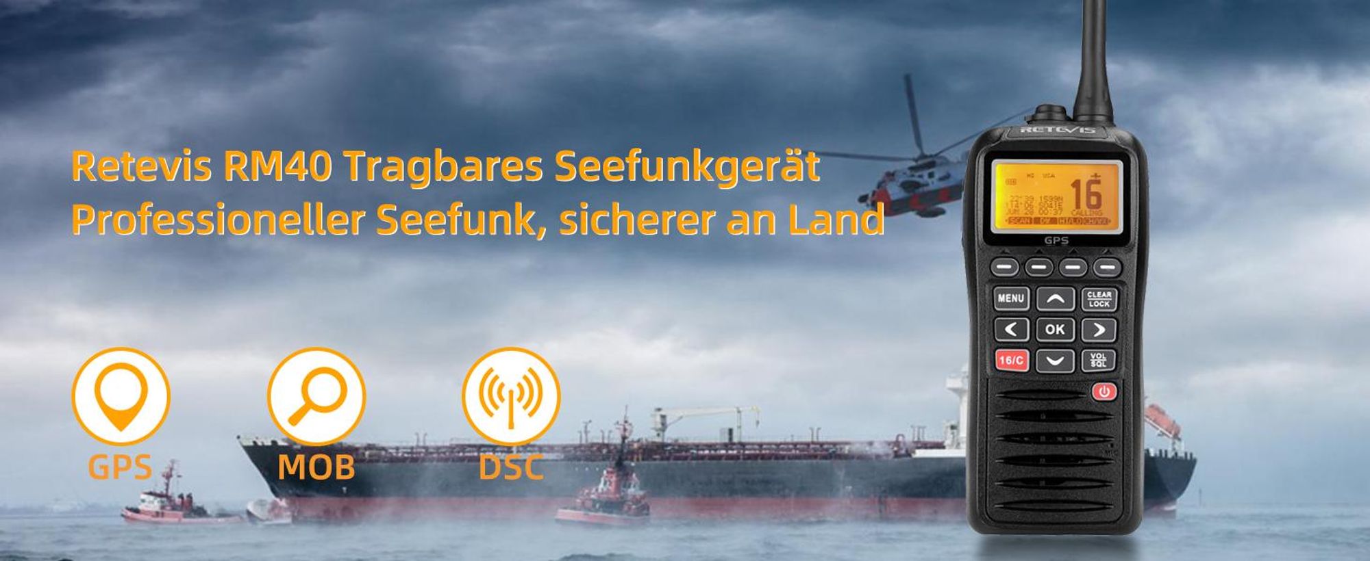Retevis RM40 Marineradio GPS, IP67 Wasserdichtes Professionelles Handheld DSC Radio, Tragbares Zwei-Wege-Funkgerät Schwimmend, Marine Transceiver für Rettung, Küstenwache (Schwarz, 1 Stück)