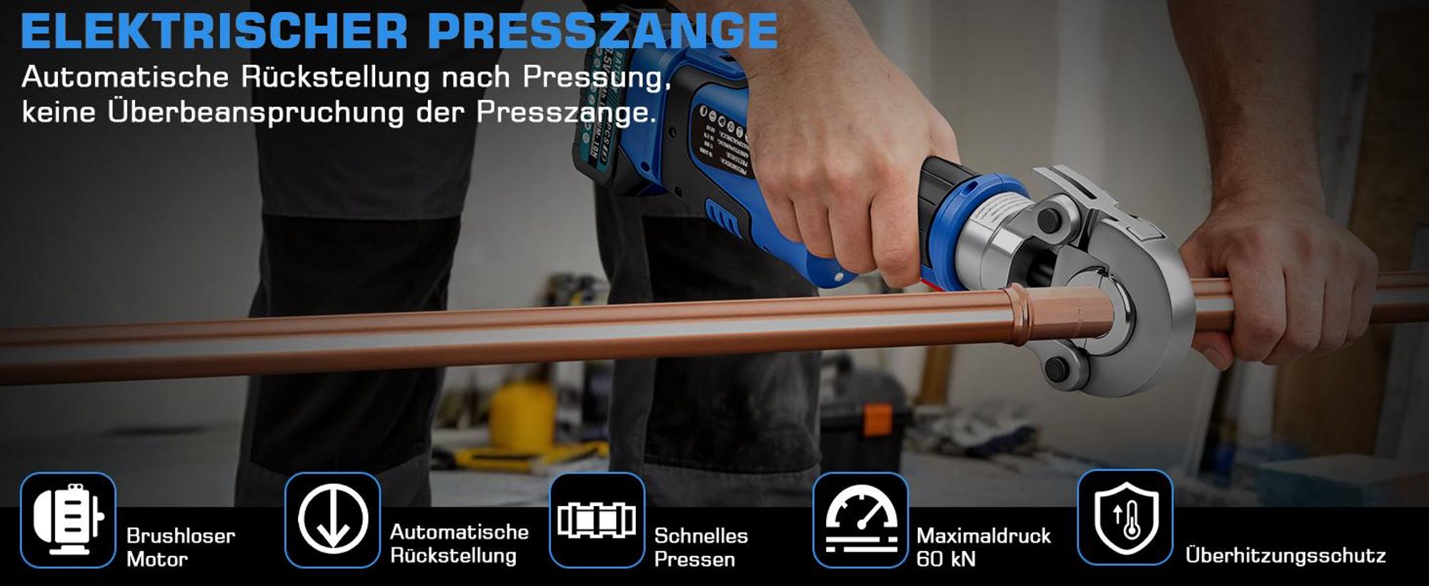 60kN Akku Presszange TH +V Kontur (TH 16 20 26 32+ V 12 15 18 22 28) mit 2x 5Ah Akku Automatische Verpressung für Kupfer-, Edelstahl- & Verbundrohre