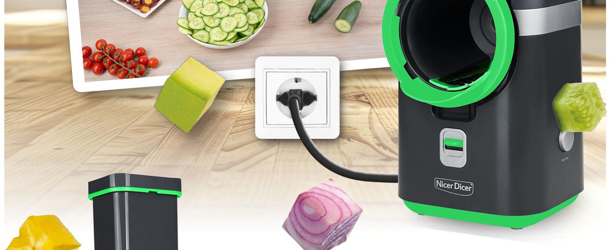 Nicer Dicer Electro Gemüseschneider Deluxe Set 32 tlg, elektrische Gemüsehobel für Würfel, Scheiben, Julienne, Küchenreibe Multizerkleiner