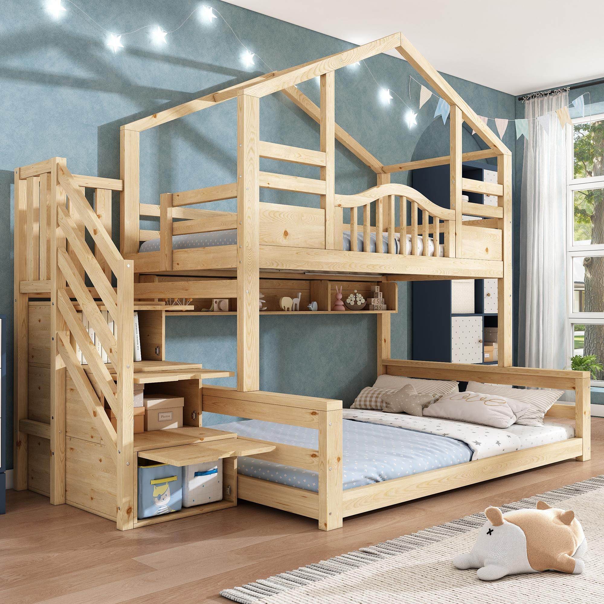 Flieks Etagenbett 90x200cm/140x200cm mit Regal, Kinderbett Hausbett mit Treppe, Hochbett für 2-3 Kinder, Stockbett Holzbett Naturbelassen