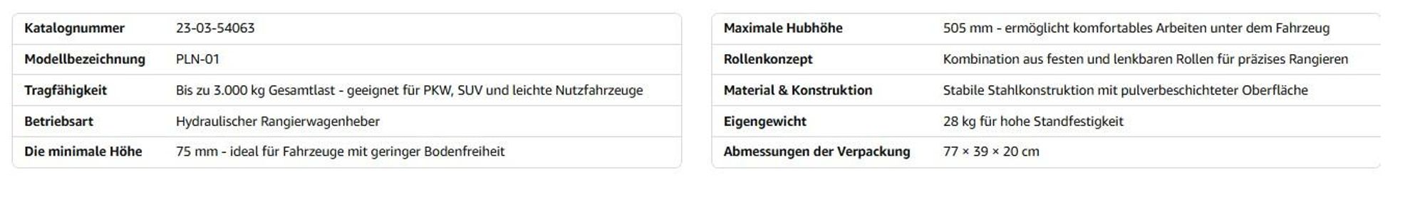 Hydraulischer Rangierwagenheber PLN-01 3T 75–505mm Doppelkolben Wagenheber