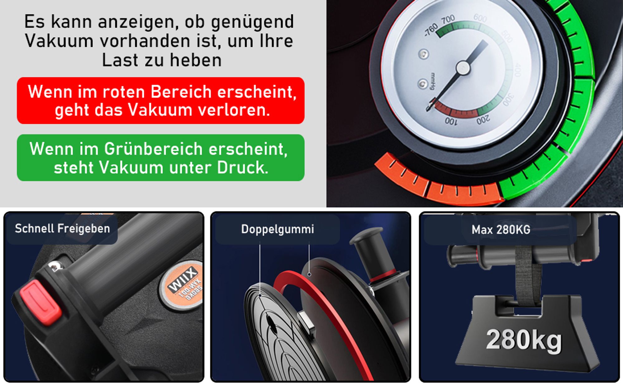 2X 8'' Saugheber Glasheber mit Manometer, Max. 280kg, Vakuum Saugnapf Fliesenheber, Glassauger Saughalter Plattenheber für Fliesen,Glas,Marmor