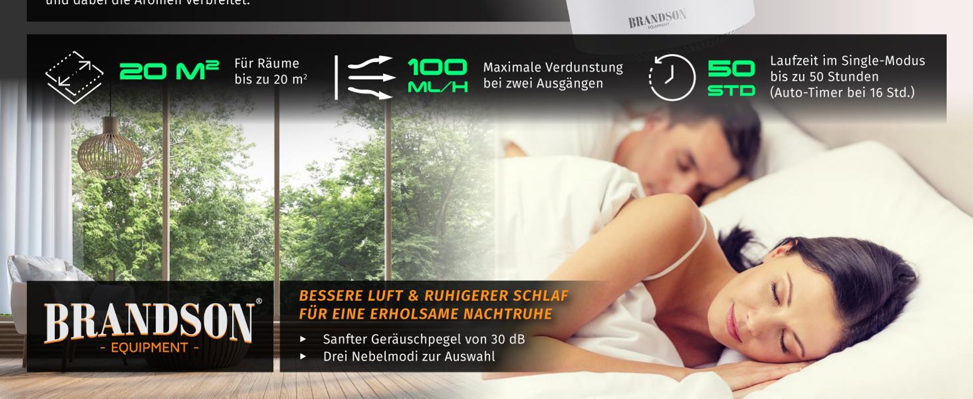 Brandson Luftbefeuchter 2,5 l mit Aroma Diffuser, Ultraschall, 2 schaltbare Nebelausgänge, bis 50 h pro Tankfüllung, 7 LED-Farben, leise unter 30 dB, USB-C, schwarz