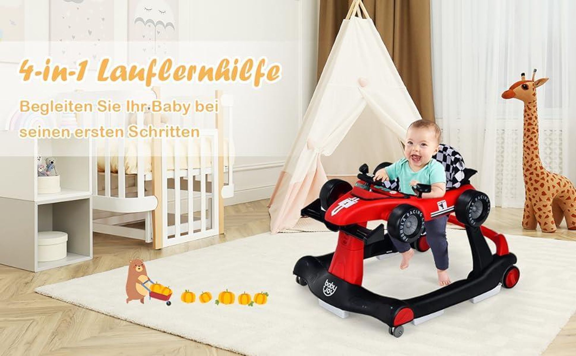 GOPLUS 4-in-1 Lauflernhilfe, Höhenverstellbare & Faltbare Lauflernwagen Tragkraft bis zu 15 kg,  Gehfrei mit Licht Musik  für Kinder von 6-18 Monaten (Grau)