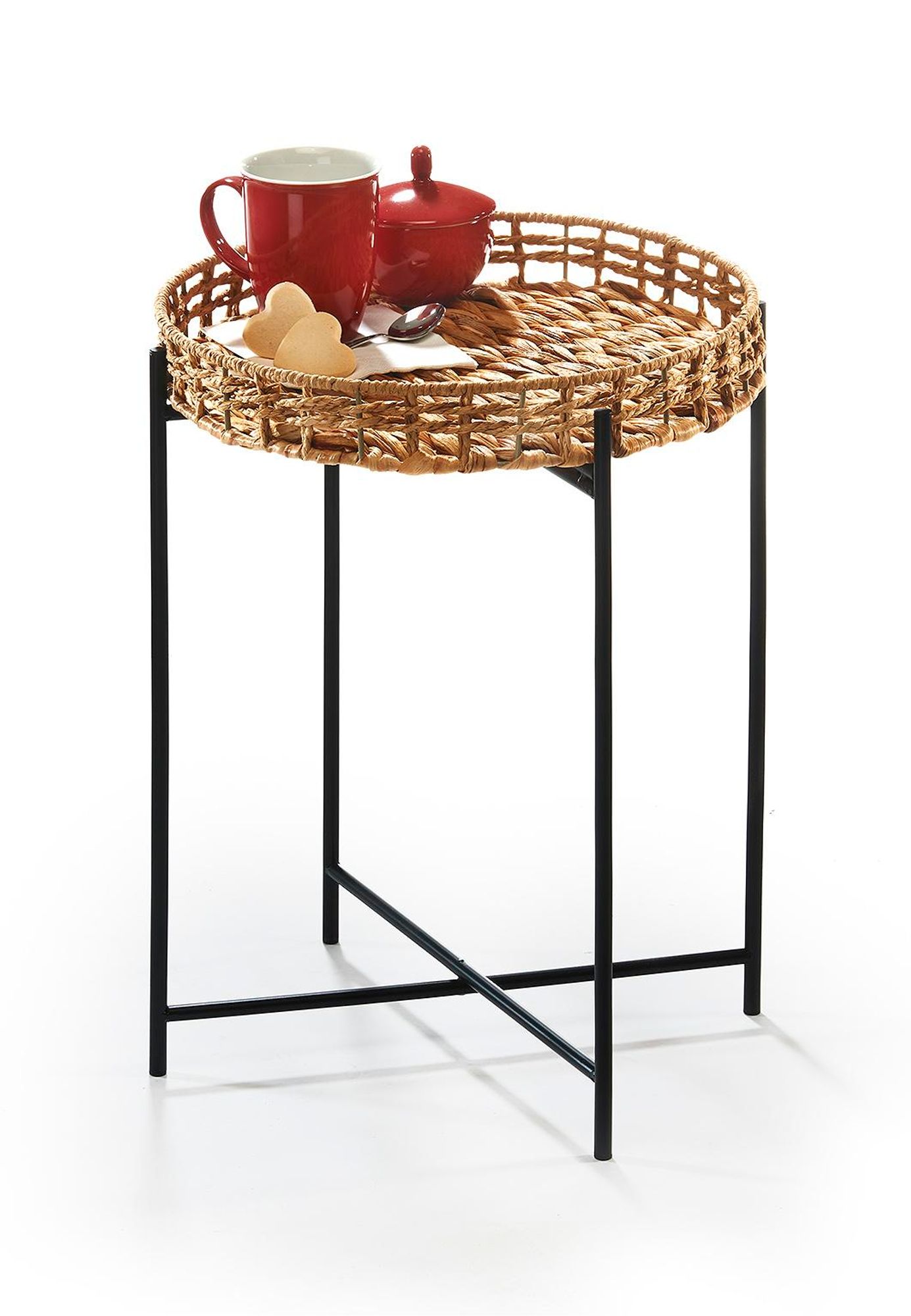 Kobolo Beistelltisch TEATIME aus Wasserhyazinthe und Metall rund - Tablett - 35x35x45 - Sofatisch Laptoptisch Kaffeetisch Beistelltische Nachttisch