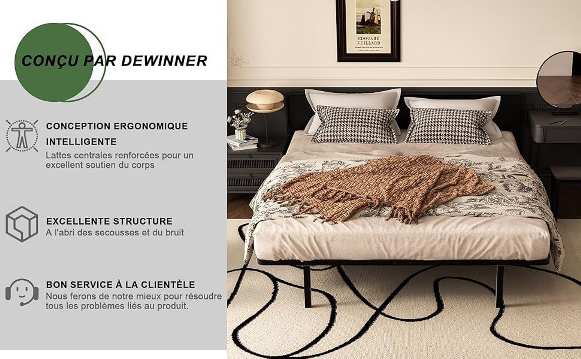 DEWINNER Sommier 160x200 | Sommier Lattes 160x200 avec 9 Pieds | 2x8 Lattes | Lit avec Sommier à Lattes 160x200cm pour Adulte | Montage Rapide