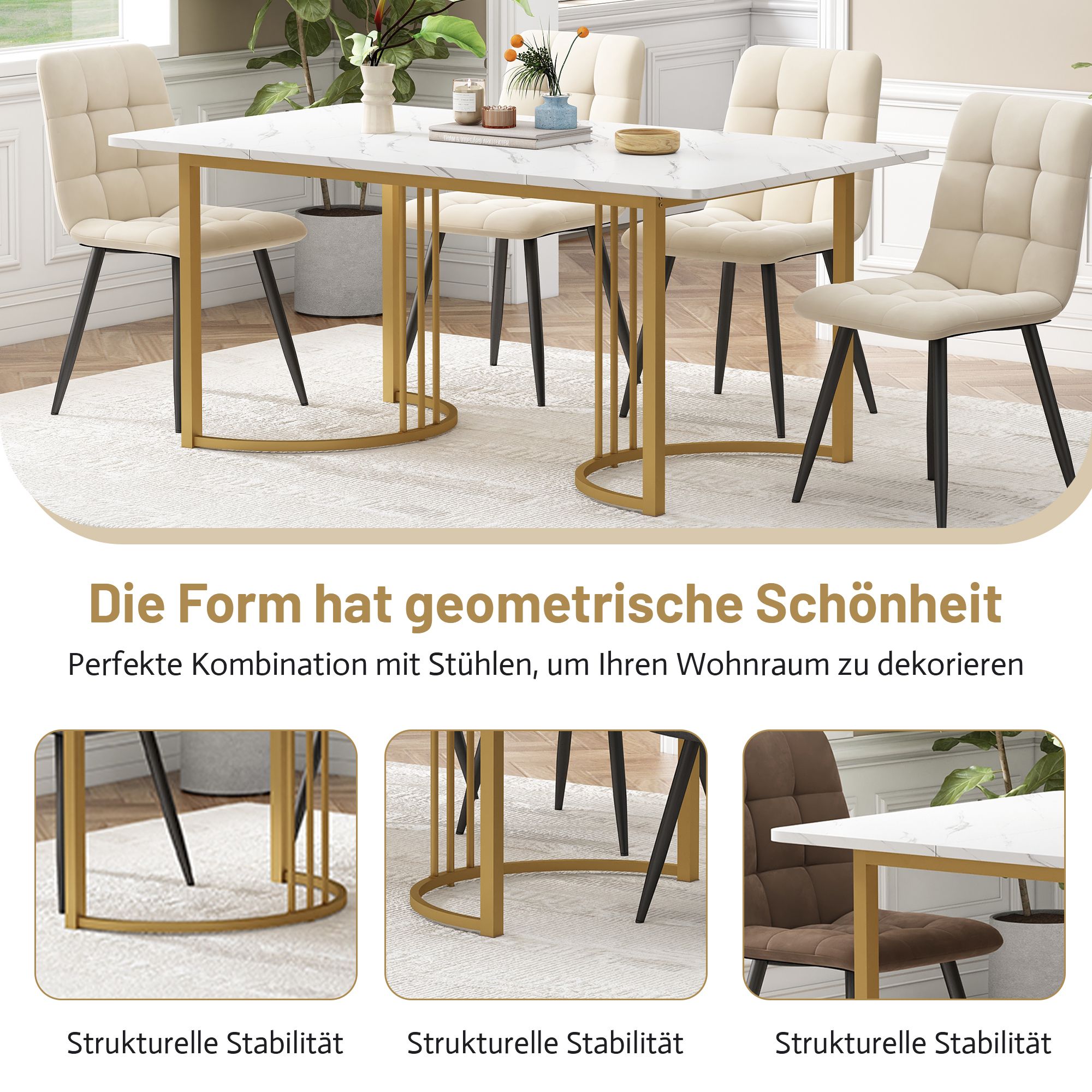Flieks Essgruppe Esstisch mit 4 Esszimmerstuhl, Sitzgruppe Küchentischset 5tlg., Küchentisch mit 4 Esszimmerstuhl, Stuhl mit Samtbezug, Schwarz Gold