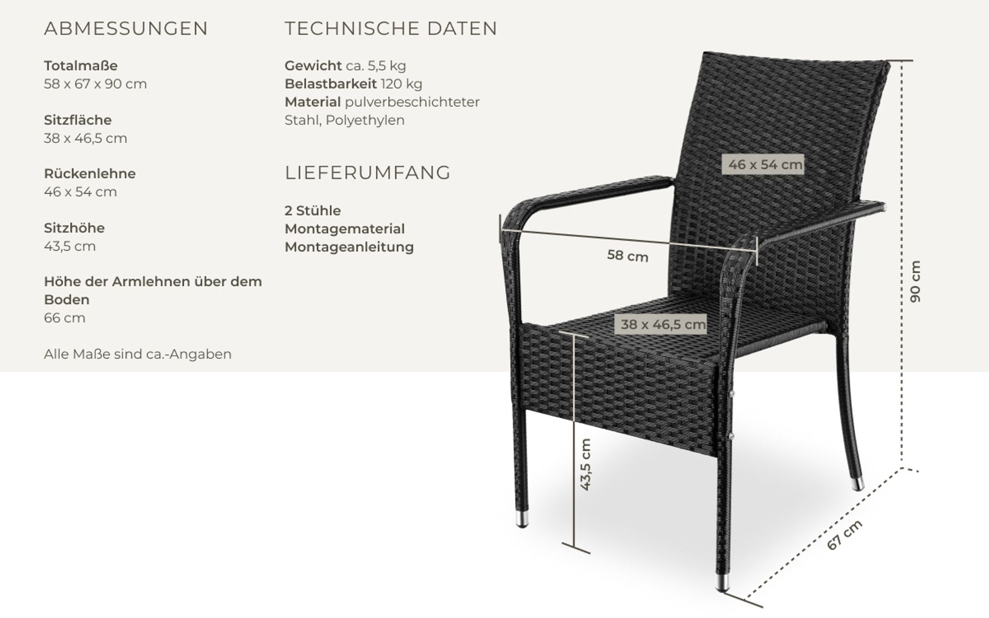 tectake® Rattanstuhl Girona widerstandsfähig 58 x 67 x 90 cm, Belastbarkeit 120 kg