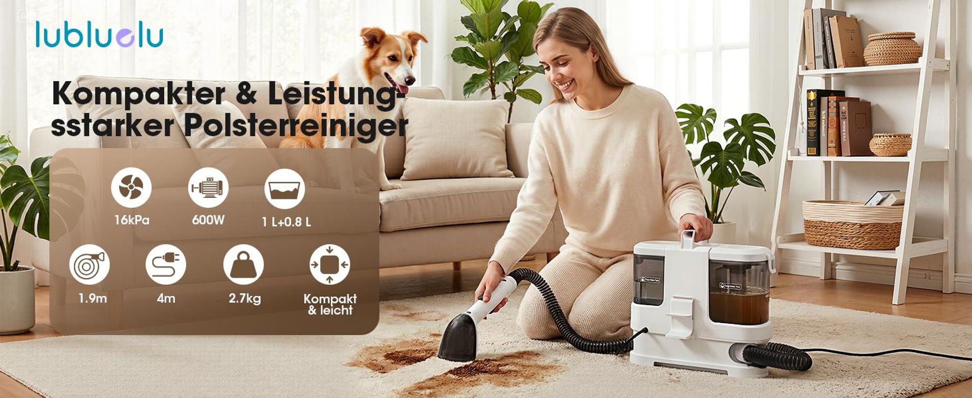 Lubluelu V2 Teppichreinigungsgerät Teppichreiniger Waschsauger Fleckenreiniger 600 W, 16000pa Saugkraft, für Sofas, Teppiche, Autositze inkl. Zubehör