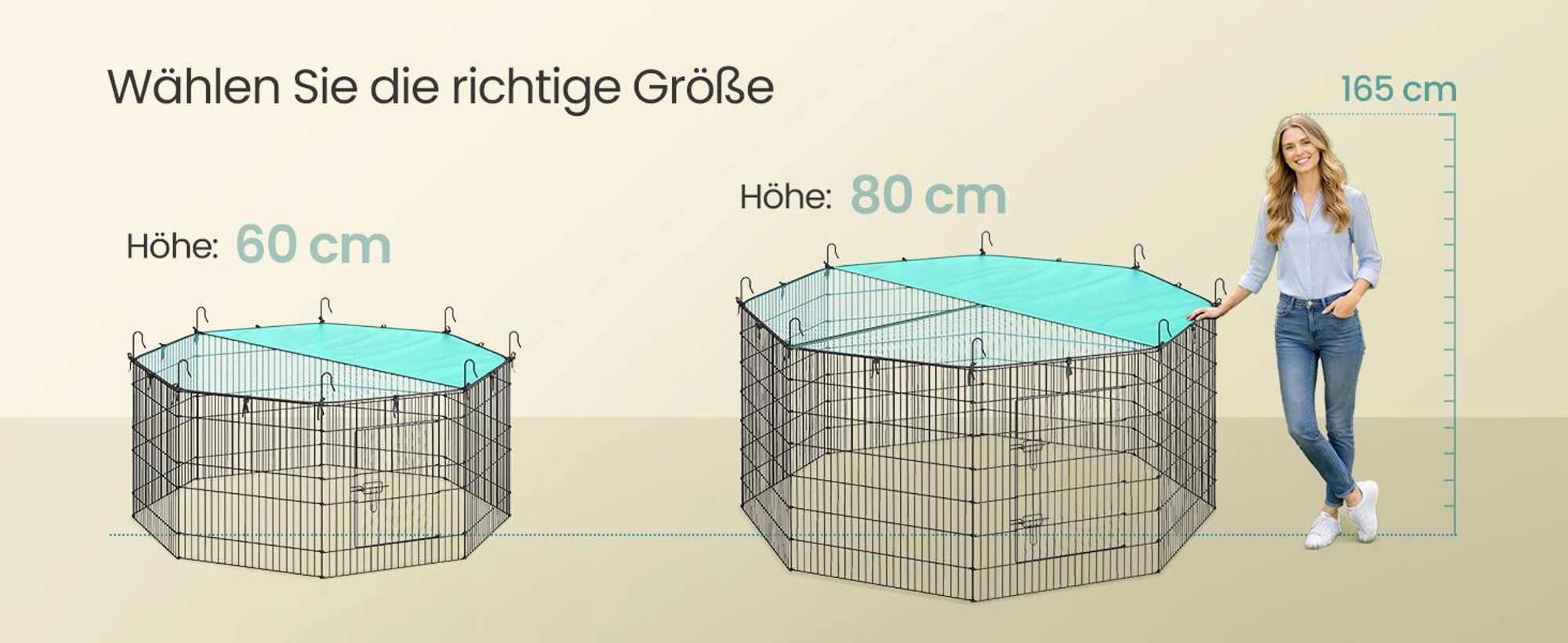SONGMICS Kleintierlaufstall mit Abdeckung, 8 Gitterplatten, Freigehege, atmungsaktiv, Sonnenschutz, 175 x 175 x 80 cm, schwarz