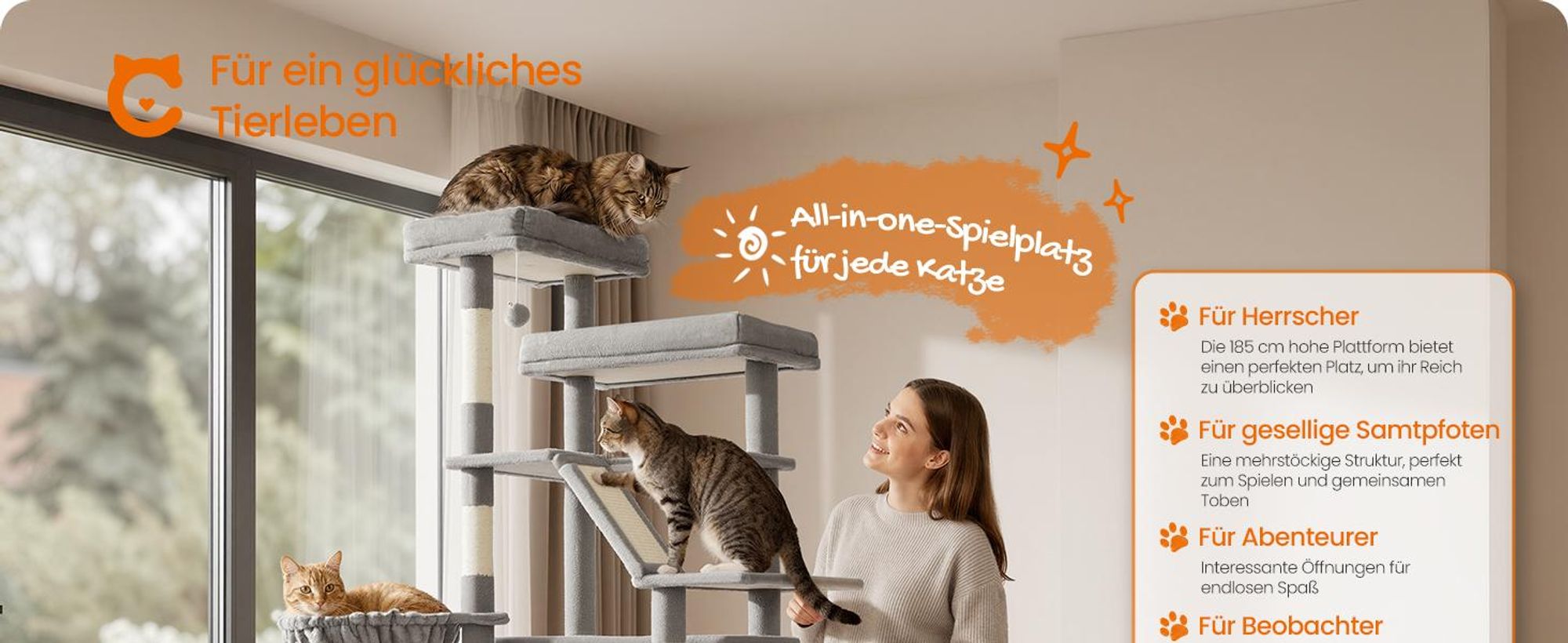 FEANDREA Kletterbaum für Katzen, extra groß, stabiler Katzenkratzbaum mit Kratzsäulen, Plüsch, für große Katzen, taubengrau
