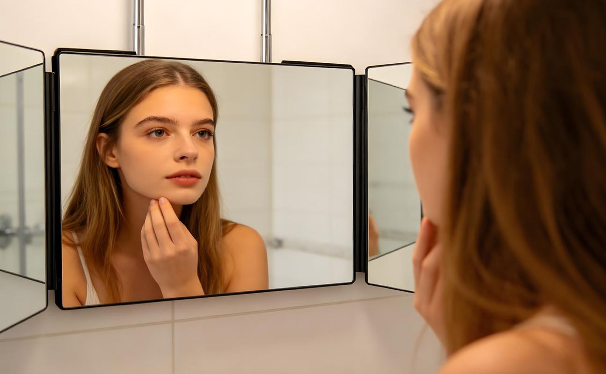 ZMH Specchio cosmetico portatile a 3 ante, pieghevole a 360 gradi, 90 cm, per viso e capelli, nero