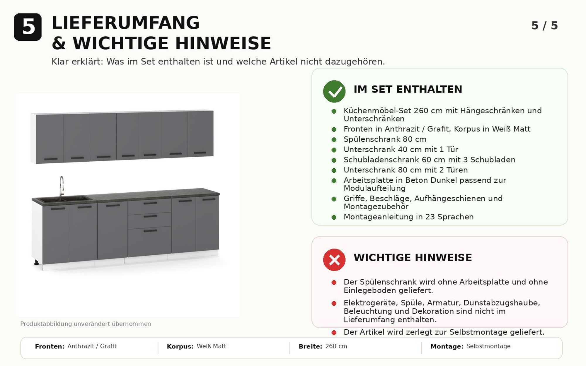 Lieferumfang der 260 cm Küchenzeile mit enthaltenen Modulen und wichtigen Hinweisen.