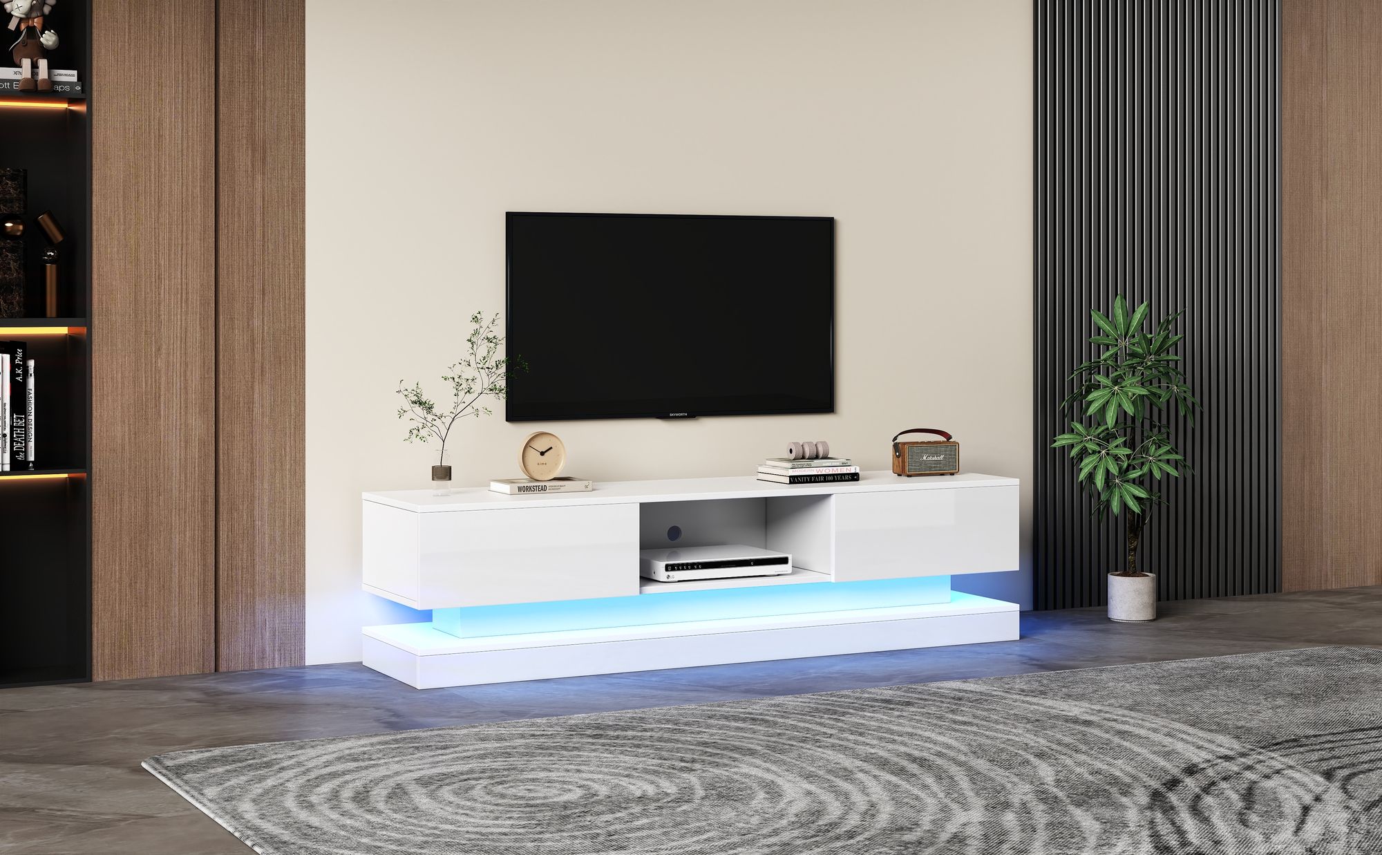 Merax TV-Lowboard mit 2 Schubladen und offenes Fach, TV-Schrank hochglanz Weiß, Fernsehtisch mit Anti-Kipp und APP Timer, TV-Board 160cm Breite