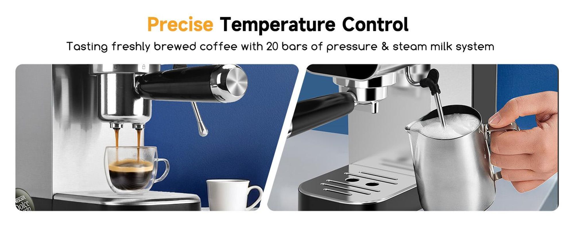 Aigostar Siebträgermaschine Espressomaschine mit Milchaufschäumer, Kompatibel mit Kapseln und Gemahlenem Kaffee, 20 Bar, Digitales Touchpanel