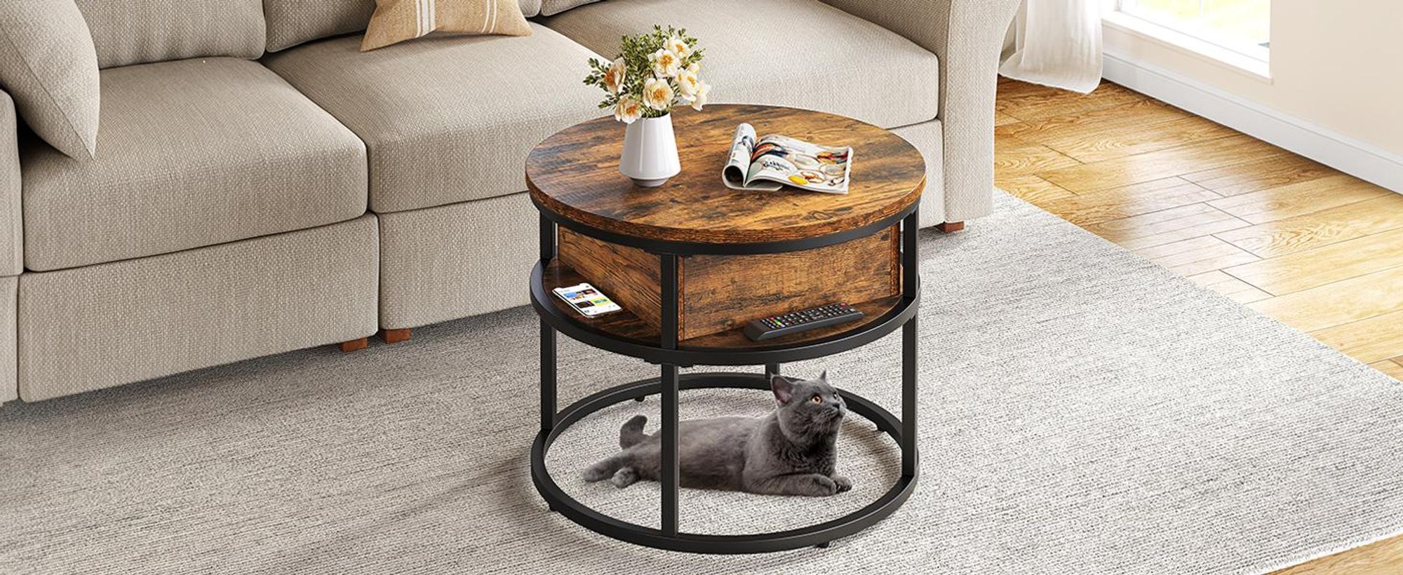 Couchtisch Runder Kaffeetisch höhenverstellbar, mit Hebeplatte und Stauraum, 60x60x47cm, Braun