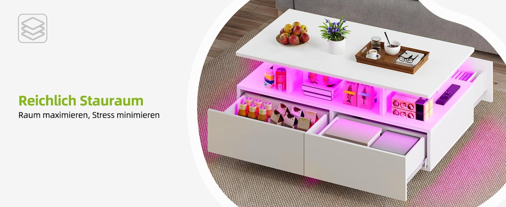 Couchtisch mit 4 Schubladen, Wohnzimmertisch, Hochglanz, mit 16-farbige LED-Beleuchtung, 90x55x41cm, Weiß