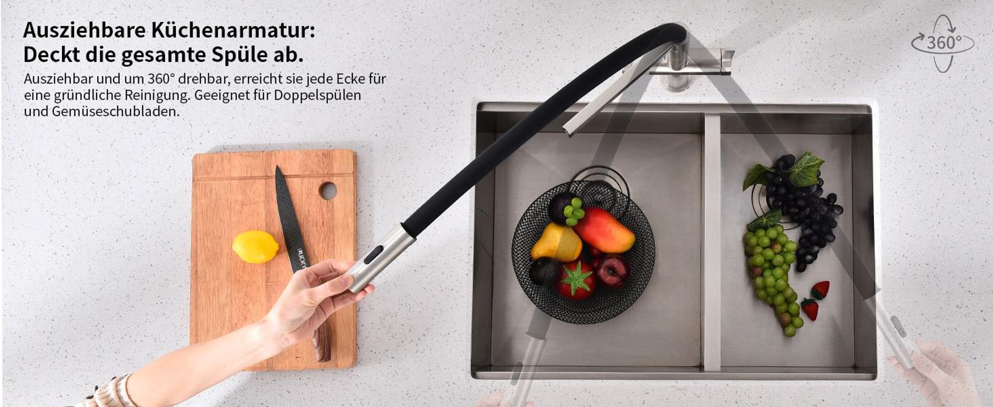 Homelody 304 Edelstahl Küchenarmatur, Ausziehbarer Auszug, Magnetisch, Filterfunktion, 2 Strahlarten, 360° Drehbar, Kaltstart-Ventil, für Doppelspülen