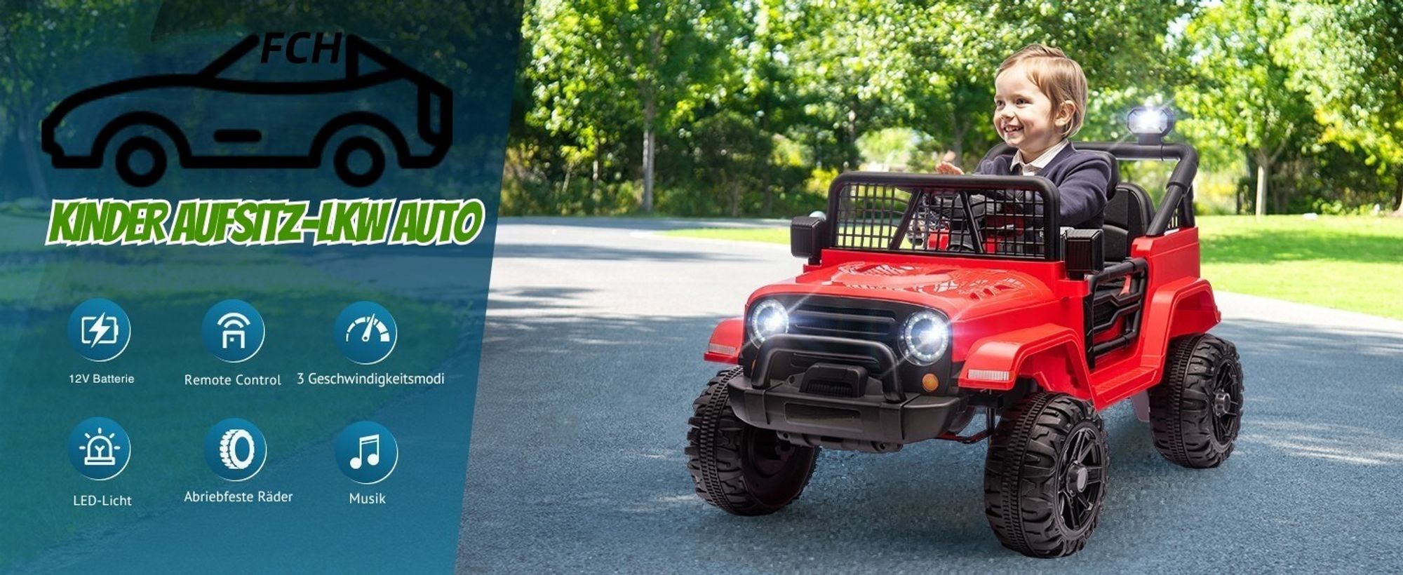 FCH Elektroauto für Kinder, kinder elektroauto mit 2,4-GHz-Fernbedienung, LED-Licht, Musik und USB, 12-V-Doppelantrieb (rot)