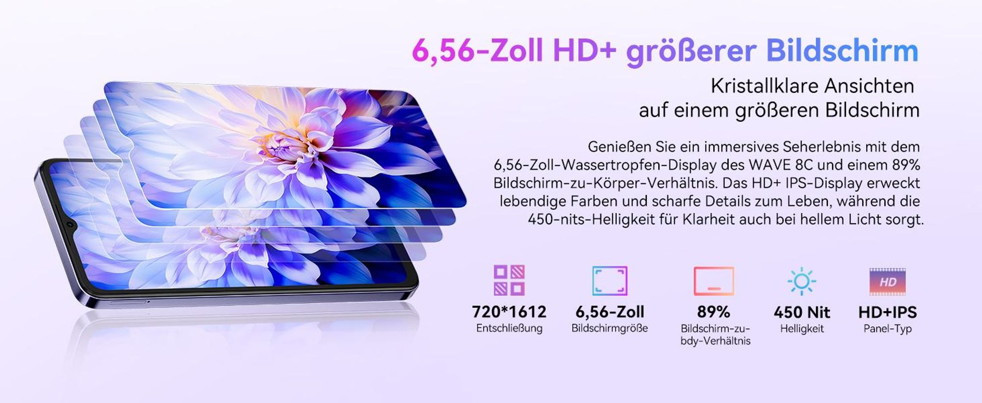 Blackview Wave 8C  6.56"  Handy Ohne Vertrag, 6GB+64GB, Dual SIM, 4700mAh, Face ID, 13MP+ 8MP Kamera, 4G, Sunset Purple