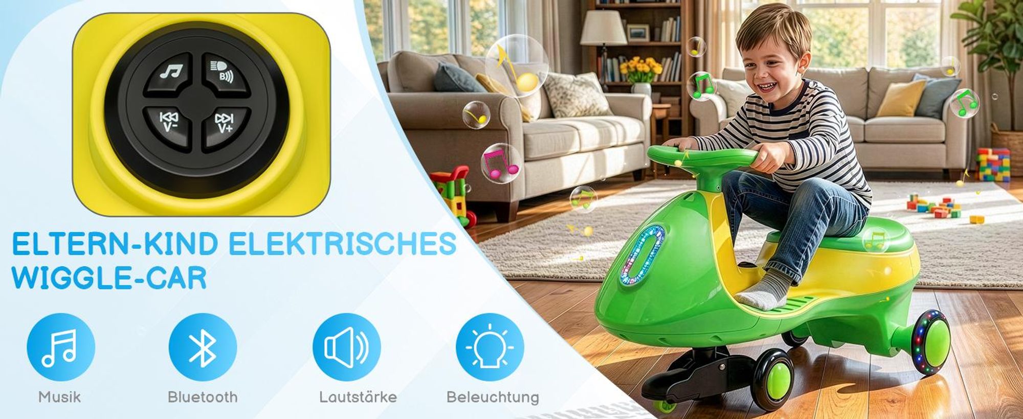 Kinder-Elektroauto 12V, Elektrisches Rutschauto mit Pedal, 2 Geschwindigkeiten und Kippschutz, Bluetooth, für Kinder ab 3 Jahren, Grün & Gelb