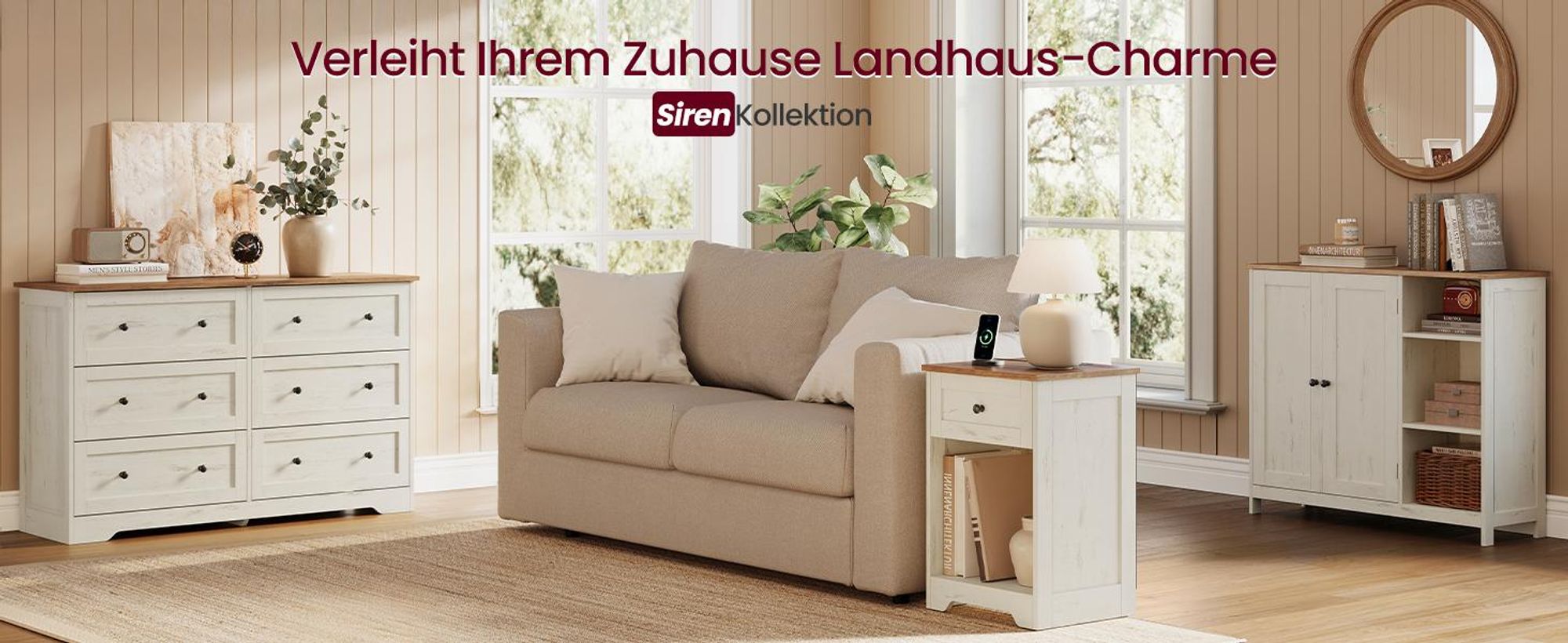 VASAGLE Nachttisch 2er Set mit Steckdose und Schublade, Vintage Kommode Schlafzimmer, 40 x 30 x 59 cm, Weiß und Braun