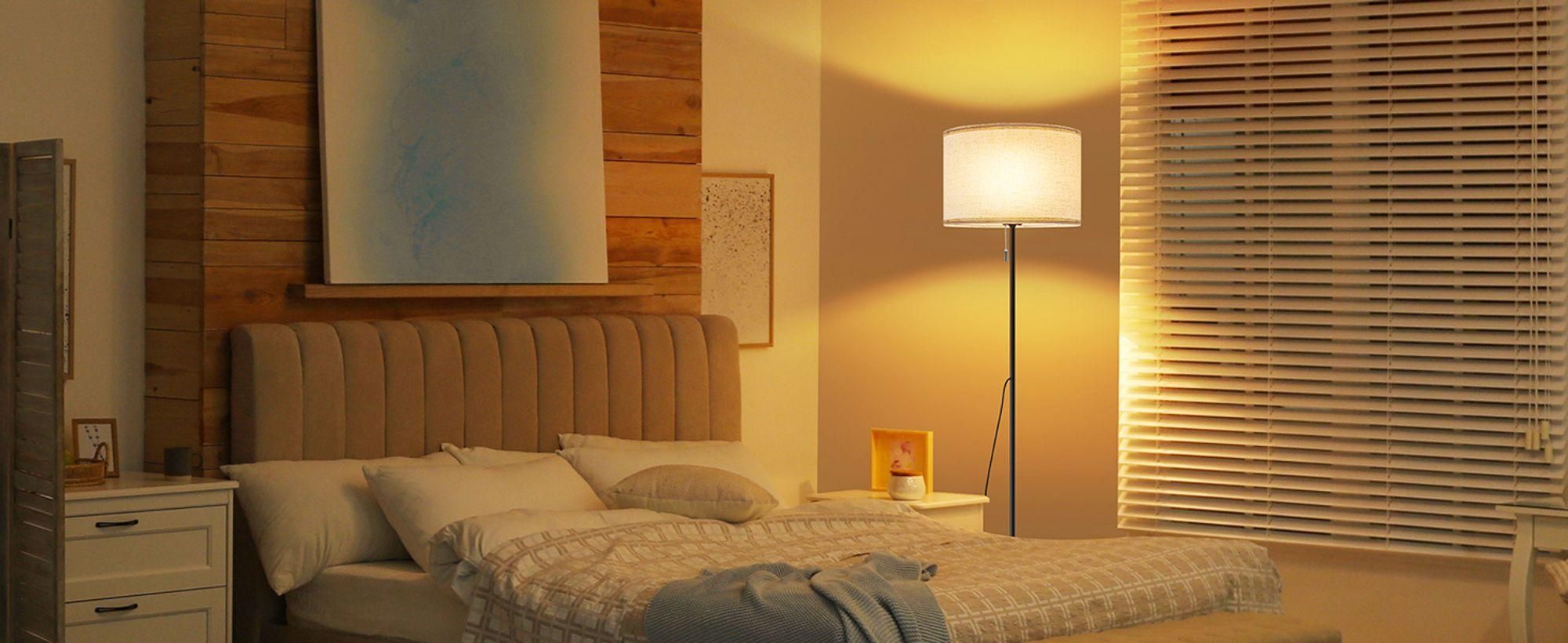 ZMH Standleuchte Wohnzimmer Dimmbar Stoff LED Stehlampen 136cm Standlampe Beige Lampenschirm Vintage Stehleuchten 3000K-6500K mit Seilzugschalter